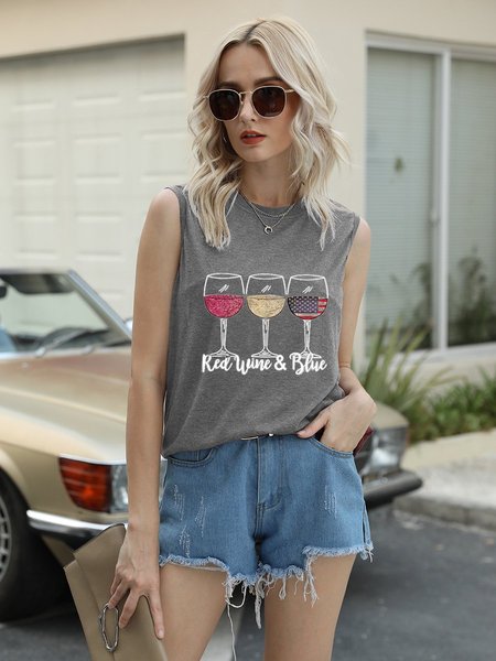 

Red Wine And Blue American Flag Cotton-Blend Sleeveless Vests, Light gray, Tank Tops