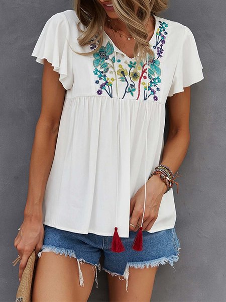 

Shift Floral-Embroidered Casual Shirts & Tops, White, Shirts & Blouses