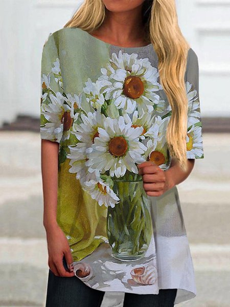 

Casuale Maniche Corte Girocollo Floreale Top, Verde, Tops