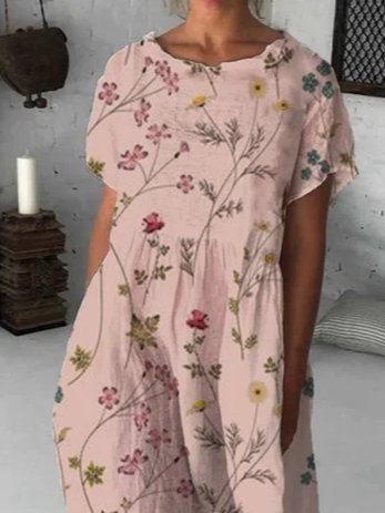 

Short Sleeve Casual Crew Neck Women Dress, Pink, Midi Dresses