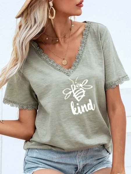 

Casual Cotton-Blend V Neck Shirts & Tops, Green, T-Shirts