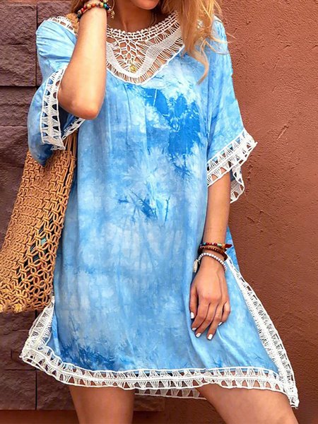 

Beach Short Sleeve Guipure Lace Cotton-Blend Dresses, Blue, Mini Dresses
