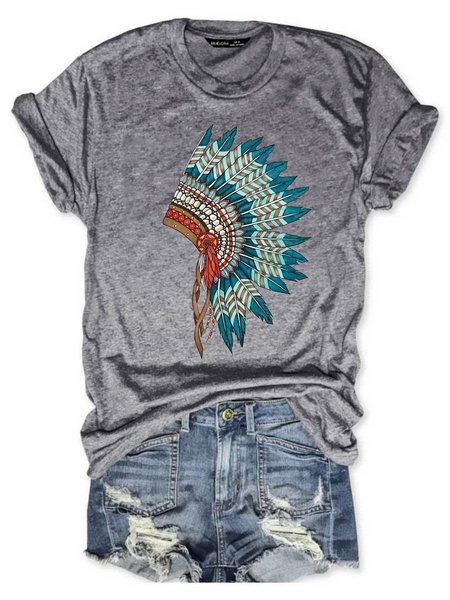 

Indian Feather Hat Graphic Short Sleeve Casual T shirt, Gray, T-shirts