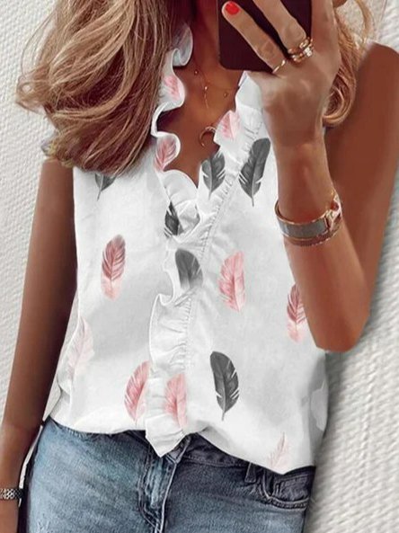 

Print V-Neck Sleeveless Tank Top, White, Tank Tops & Camis