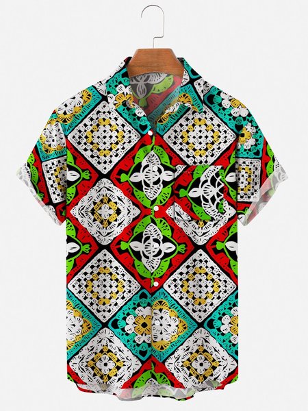 

Mens Patchwork Print Casual Lapel Pocket Short Sleeve Hawaiian Shirts, Multicolor, Men's Floral shirt