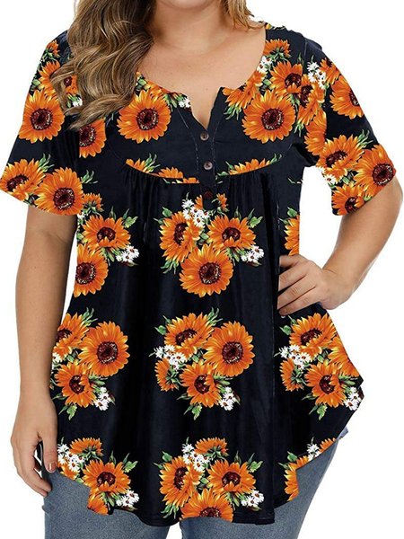

short sleeve floral casual v neck shirts & tops, Sunflower, T-Shirts
