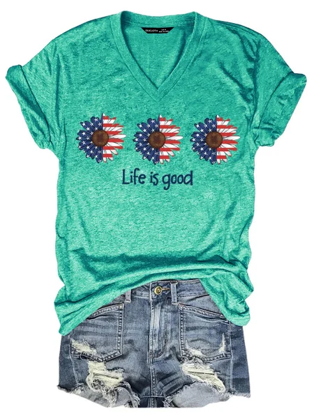 

American Flag And Sunflower Women's T-Shirt, Grass green, T-shirts