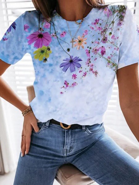 

Blue Floral Printed Short Sleeve Crew Neck Shift Shirts & Tops, Tops
