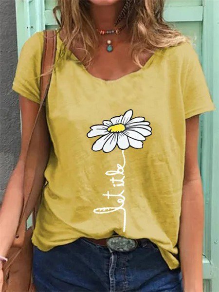 

Vintage Short Sleeve V Neck Daisy Printed Plus Size Casual Tops, Yellow, T-Shirts
