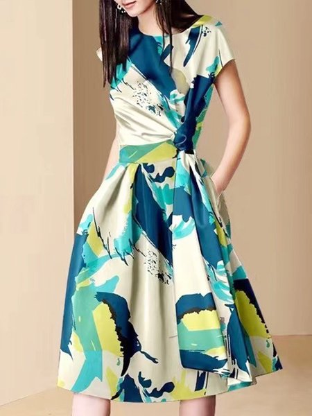 

Holiday Printed Crew Neck Short Sleeve Dress, As picture, Maxi Dresses