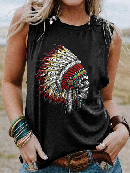 

Native American Indian Chief Skull Graphic Sleeveless Casual Tank Top, Black, Tank Tops