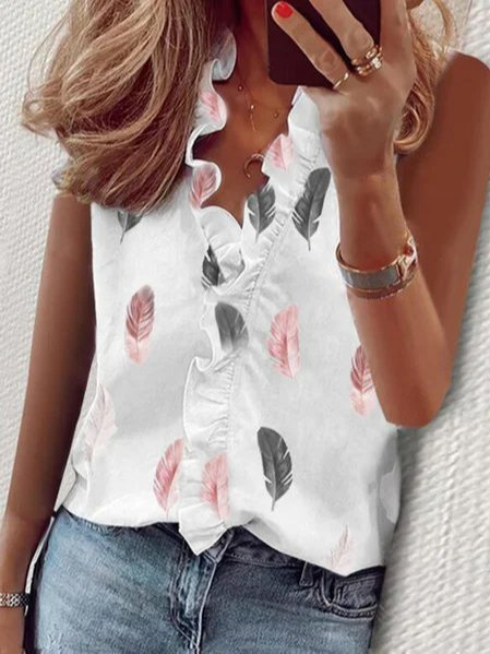 

Print V-Neck Sleeveless Tank Tops, White, T-Shirts