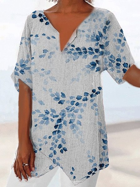

Fashion Leaf Print V-neck Short-sleeved Cotton And Linen Blouse, White, Blouses & Shirts