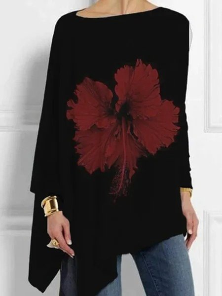 

Nero Le foglie Stampato Casuale Maniche Lunghe Asimmetrico Girocollo Top, Blouses & Shirts