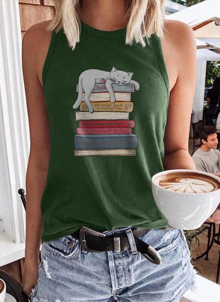 

How to Chill Like A Cat Graphic Sleeveless Casual Tank Top, Dark green, Tank Tops