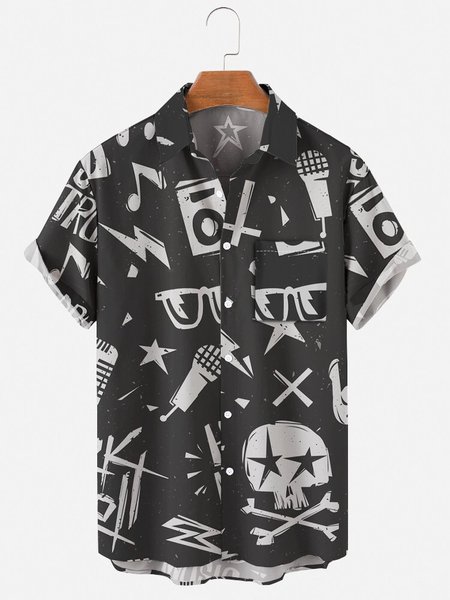 

Mens Rock Roll Music Punk Print Casual Lapel Pocket Short Sleeve Hawaiian Shirts, Gray, Men's Floral shirt
