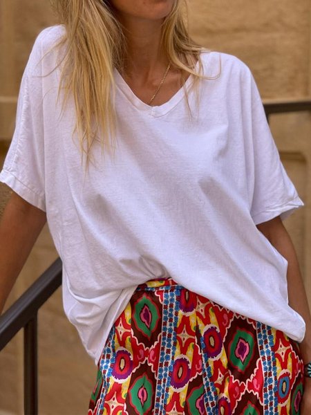 Casuale Scollo a V Cotone Top, Bianco, Blouses & Shirts