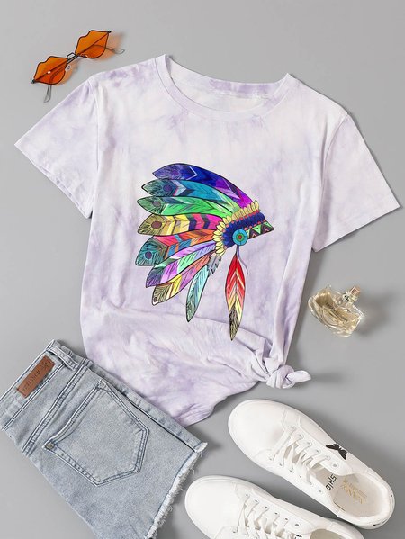 

Colorful Indian Feather Hat Graphic Short Sleeve Casual Tie Dye T shirt, Purple, T-shirts