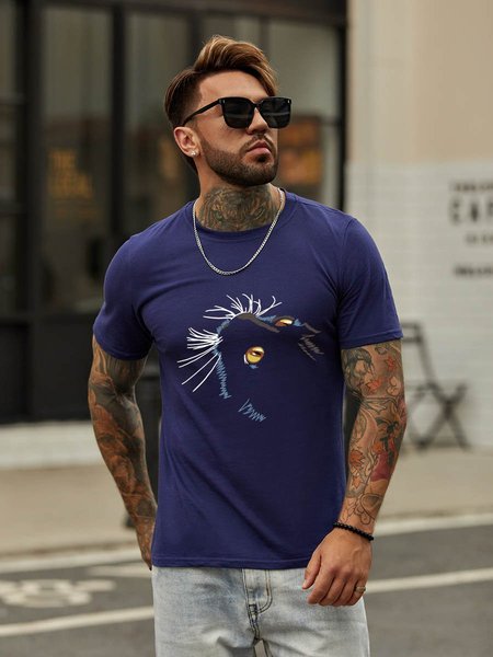 

Line Cat Graphic Short Sleeve Casual T shirt, Deep blue, T-shirts