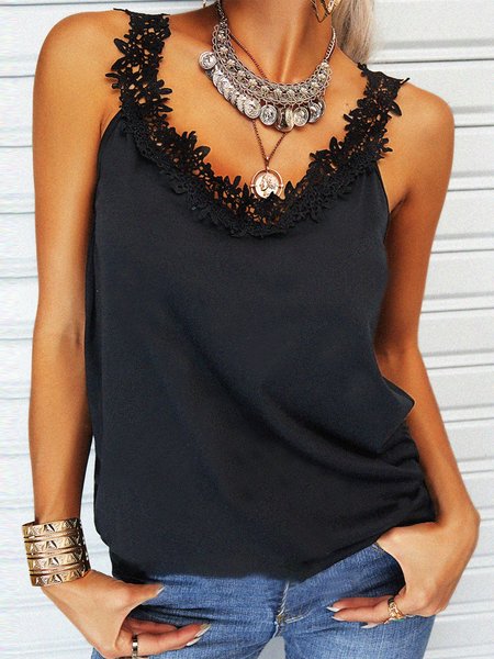 

Vintage senza maniche Solido Pizzo Scollo a V taglia grande Casuale Veste Top, Nero, Blouses & Shirts