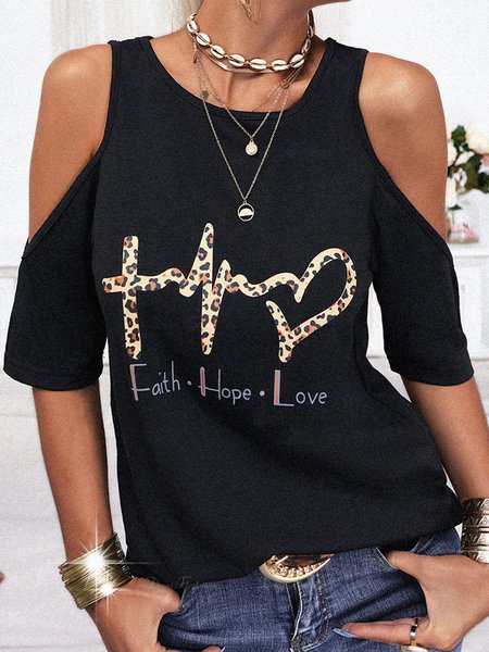 

Lettera Dritto Misto Cotone Maniche Corte Top, Nero, Blouses & Shirts