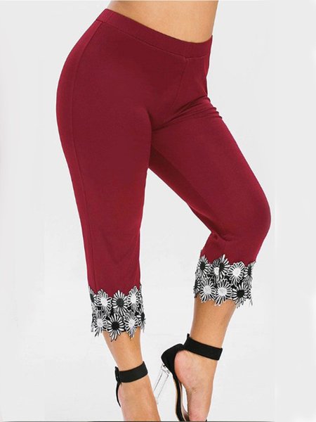 

Wine Red&Black&White 3 Color Floral Casual Paneled Pants, Leggings