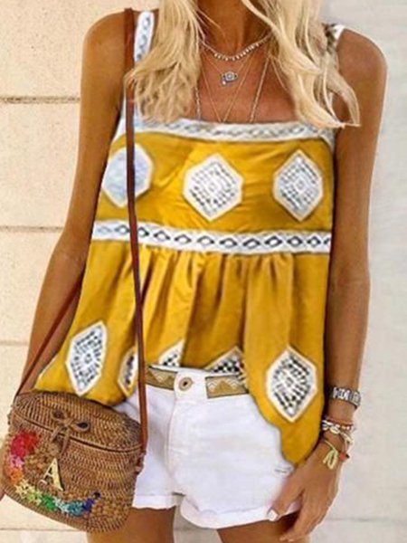 

Square Neck Boho Graphic Shirts & Tops, Yellow, Tops