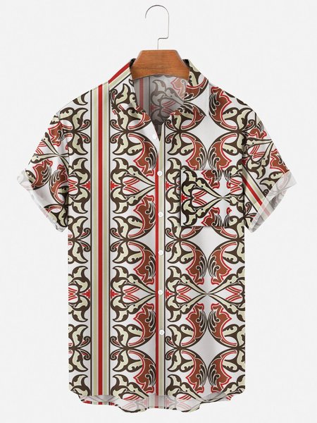 

Mens Tribal Print Casual Lapel Pocket Short Sleeve Hawaiian Shirts, White, Men's Floral shirt