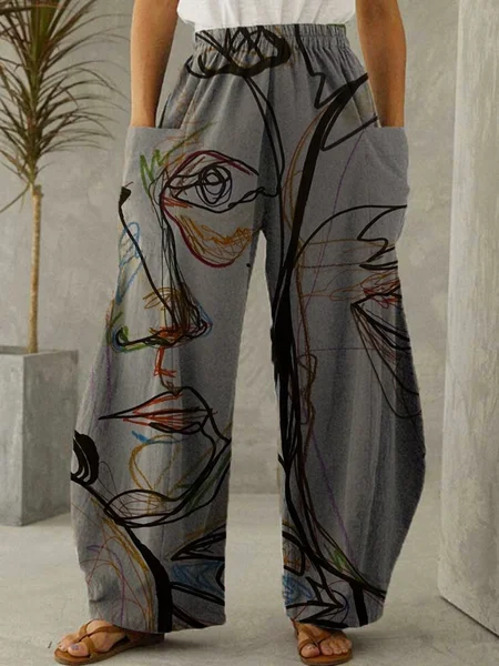 

Abstract Print Loose Pants with Pockets, As picture, Pants