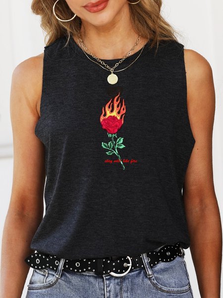 

"STAY WILD" Casual Crew Neck Sleeveless Vests, Black, Tank Tops