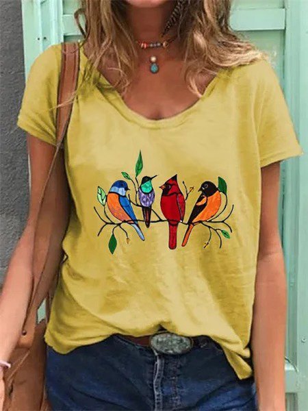 

Vintage Short Sleeve V Neck Song Birds Lightcatcher Printed Plus Size Casual Tops, Yellow, T-Shirts