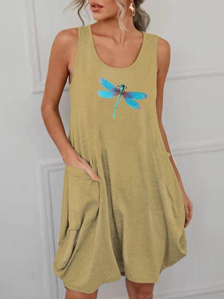 

Beautiful Bright Blue Turquoise Dragonfly Tile Sleeveless Dresses, Light kahaki, Print Dress
