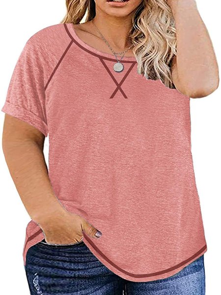 

Short Sleeve Cotton Color-Block Casual Shirts & Tops, Pink, T-Shirts