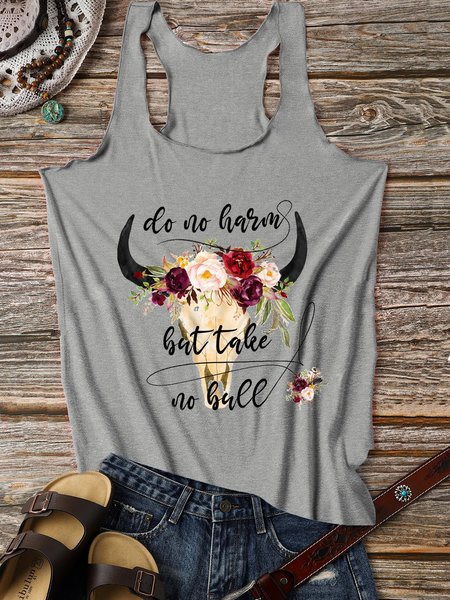 

Do No Harm But Take No Bull Sleeveless Cotton-Blend Crew Neck Vests, Gray, Tank Tops