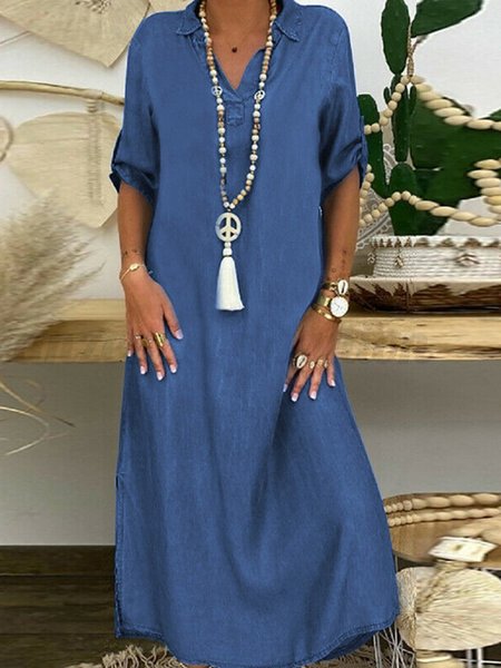 

Plain Short Sleeve Shirt Collar Dresses, Lightblue, Casual Dresses