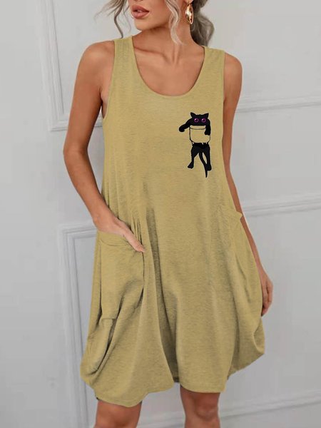 

Holiday Casual Loose Pocket Cat Summer Cotton-Blend Sleeveless Dresses, Light kahaki, Print Dress