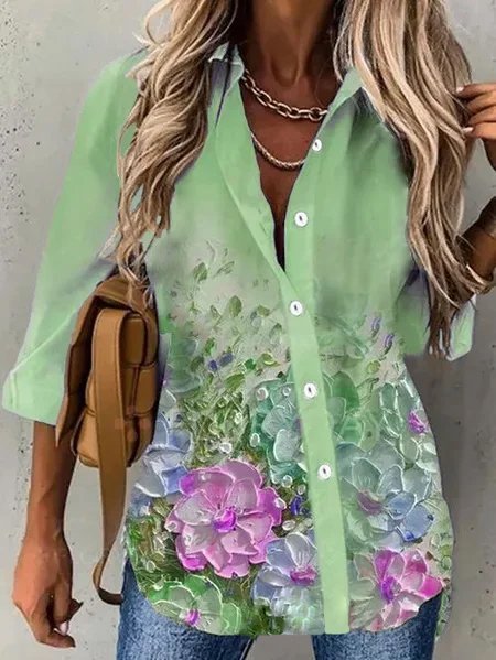 

Cotton Shirt Collar Long Sleeve Blouse, Green, Tops