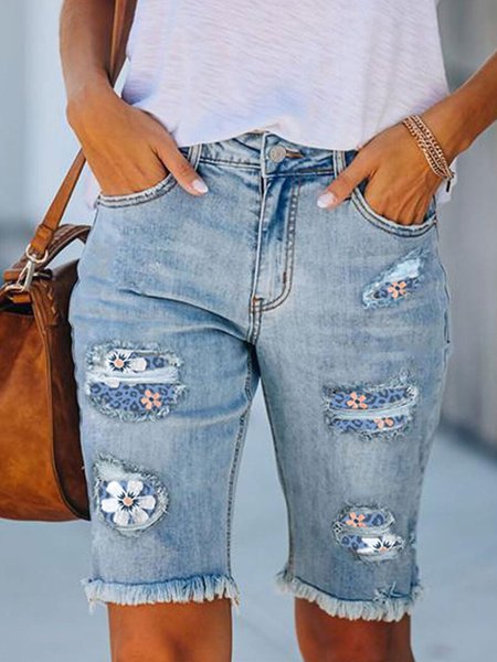 

Women's Shorts Leopard Floral Raw Hem Denim Shorts, Blue, Shorts
