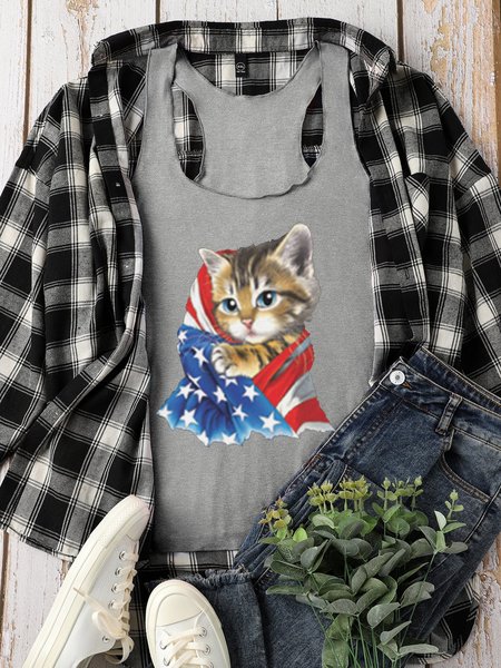 

American Flag Kitty Tank Top, Gray, Tank Tops