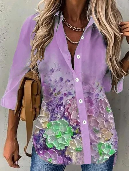 Ricorrere Floreale Maniche Lunghe Cotone Top, Viola, Blouses & Shirts