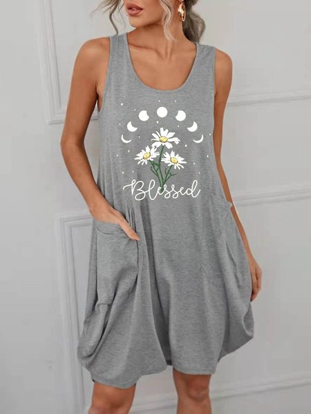 

Daisy Blessed With Pockets Cotton-Blend Short Sleeve Dresses, Light gray, Print Dress