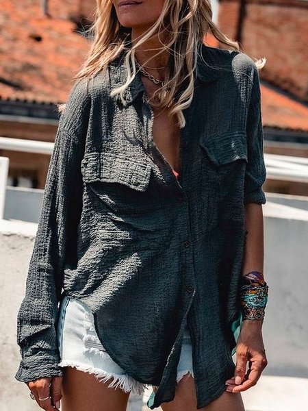 

Colletto a Camicia Maniche Lunghe Cotone Camicie & Top, Grigio scuro, Shirt