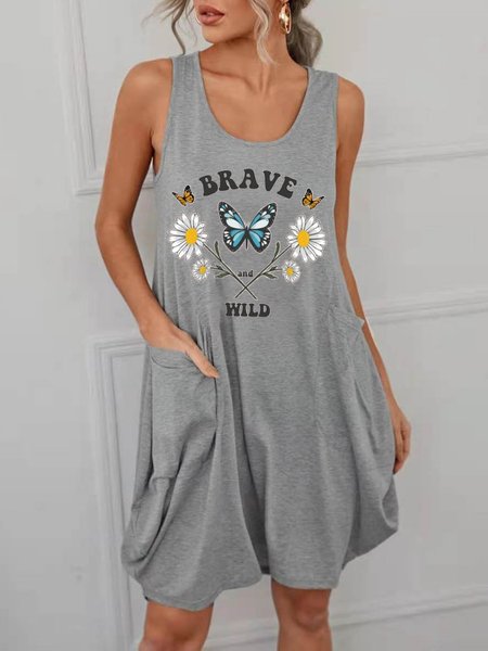 

Daisy And Butterfly Brave And Wind With PocketsCotton-Blend Short Sleeve Dresses, Light gray, Print Dress