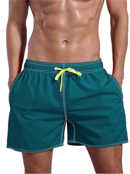 

Solid Pockets Casual Beach Shorts, Darkgreen, Shorts