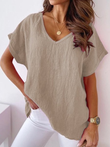 

JFN Cotton & Linen Casual CottonShort Sleeve Top, Khaki, T-Shirts