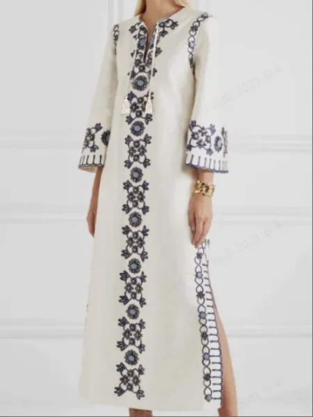 

V Neck Shift Date Tribal Elegant Printed 3/4 Sleeve Maxi Dress, As picture, Maxi Dresses