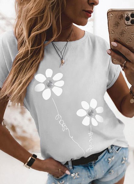 

V Neck Floral Short Sleeve Shirts & Tops, White, T-Shirts