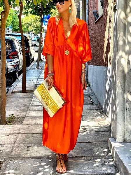 

Leisure vacation V Neck Holiday Solid Dresses, Orange, Maxi Dresses