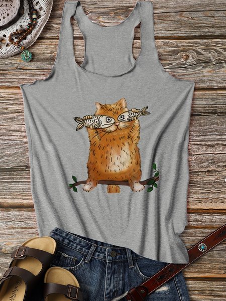 

Funny Cat Lovers Crew Neck Cotton-Blend Sleeveless Vests, Gray, Tank Tops