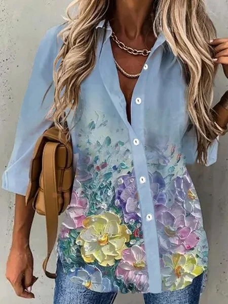 

Colletto a Camicia Dritto Cotone Maniche Lunghe Camicie & Top, Blu, Blouses & Shirts